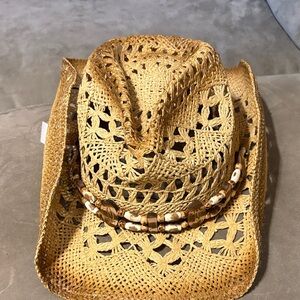 Straw Crochet Cowboy Hat with Bead Band - Natural